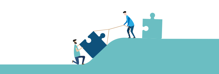 illustrative image of two persons tring to assemble two pieces of puzzle on a mountain